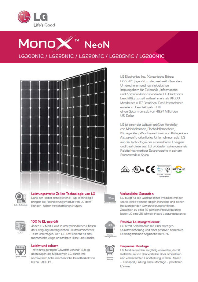 Grafik LG Solar Datenblatt MonoX NeoN Serie