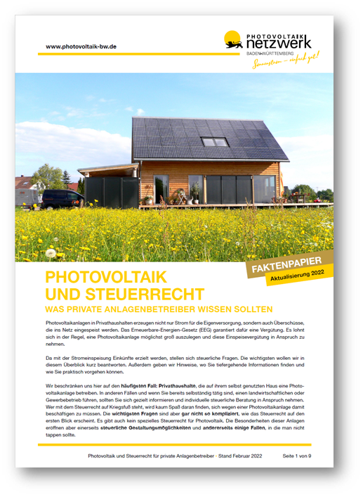 Faktenpapier: "Photovoltaik und Steuerrecht - was private Anlagenbetreiber wissen sollten"